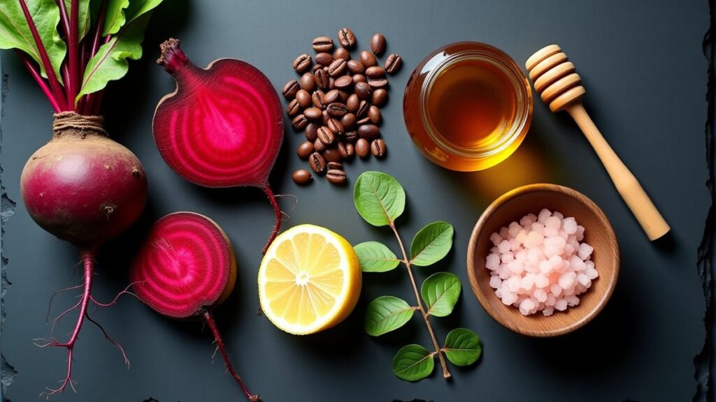 Flat lay of natural pre-workout ingredients: beetroot, coffee beans, green tea, honey, lemon and sea salt on slate