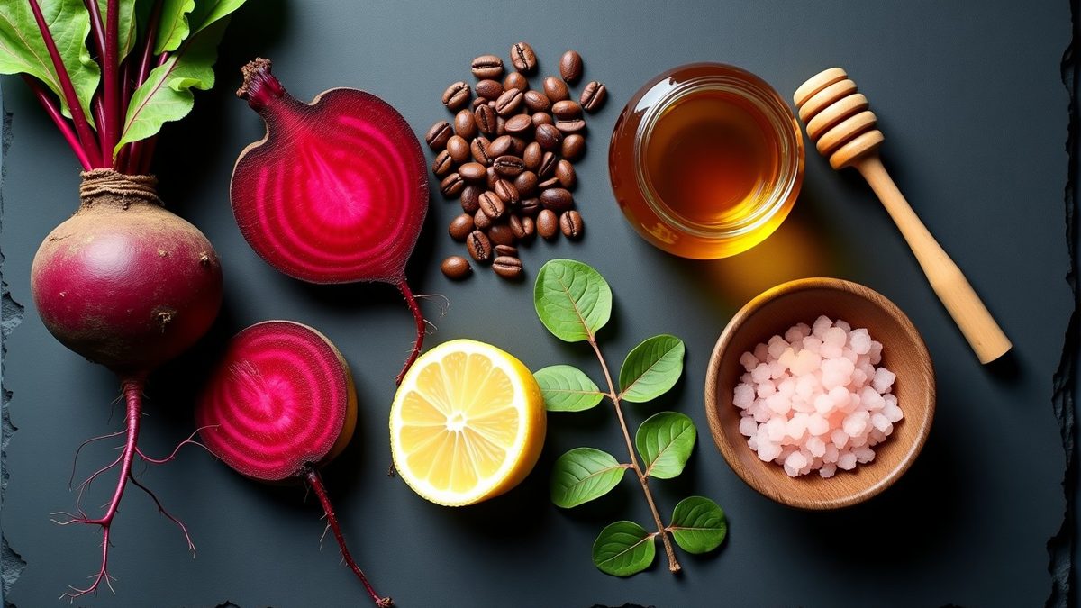 Flat lay of natural pre-workout ingredients: beetroot, coffee beans, green tea, honey, lemon and sea salt on slate