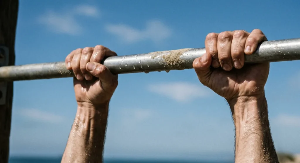 SEAL candidate's hands gripping a sweat-soaked, sand-covered pull-up bar under bright outdoor light