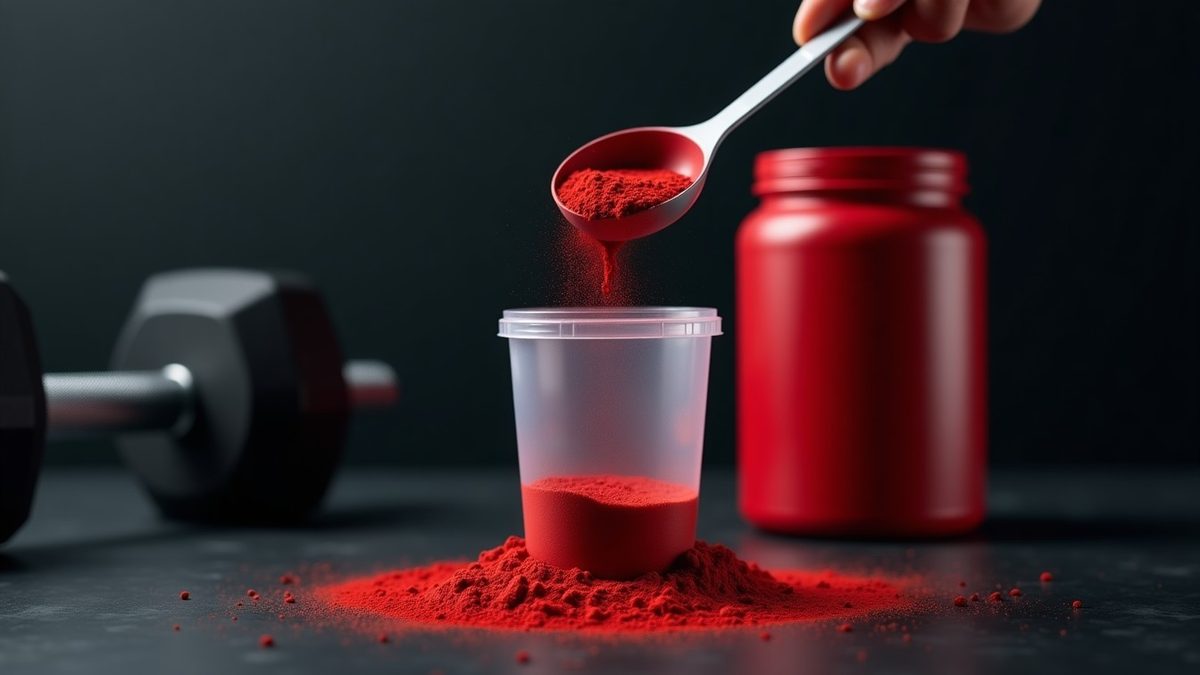 Scoop of red high-stimulant pre-workout powder being poured into a clear shaker bottle on a dark countertop