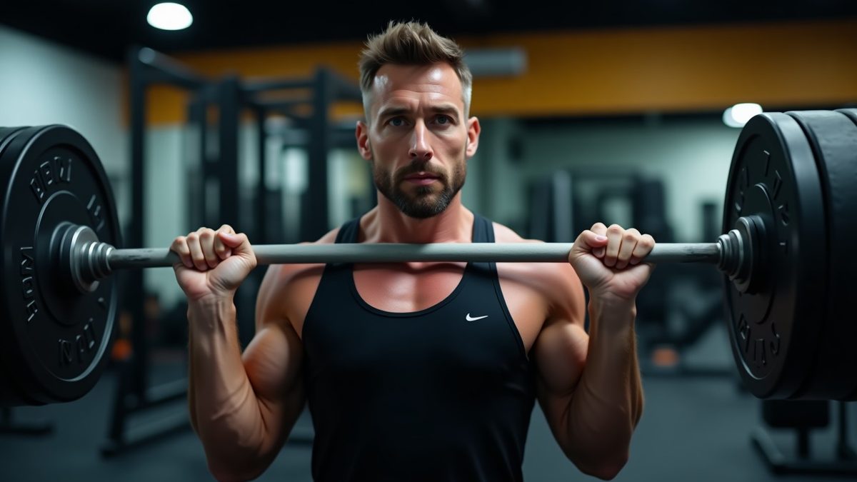Caffeine-tolerant lifter mid-rep on a heavy barbell squat in a commercial gym