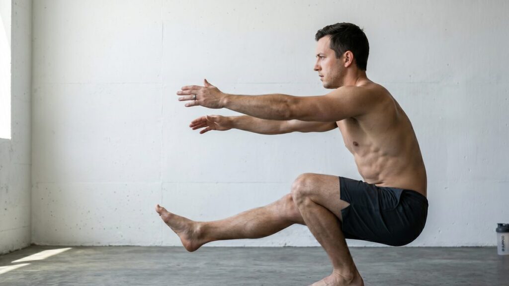 Athlete holding a deep pistol squat with one leg extended, demonstrating progression endpoint.