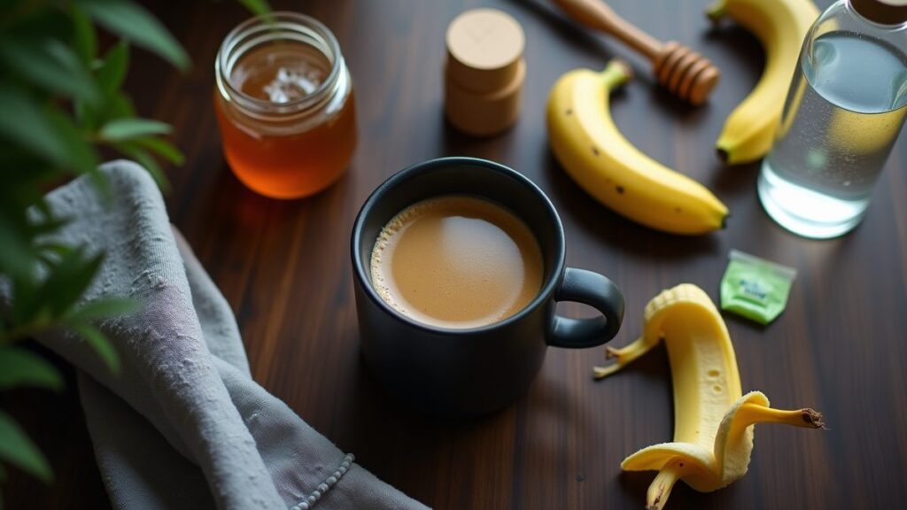 Black coffee, banana, honey jar, green tea bag, and shaker bottle laid out as natural pre-workout alternatives