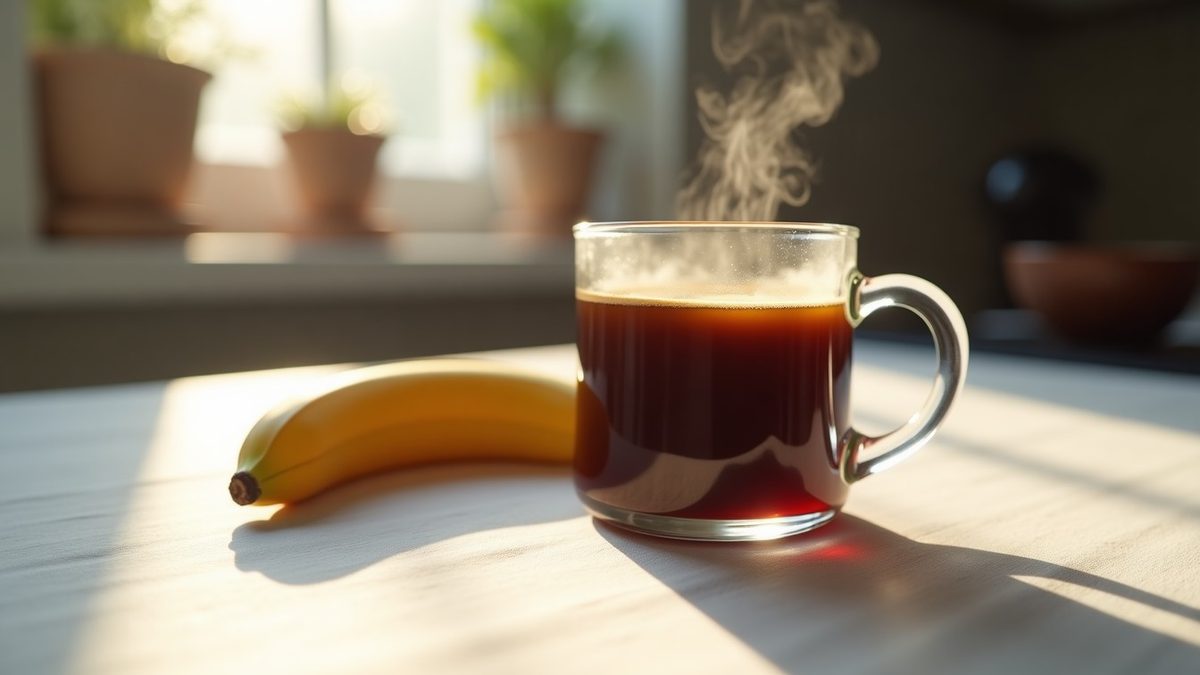Black coffee in a glass mug and a single ripe banana on a kitchen counter as the cheapest pre-workout alternative