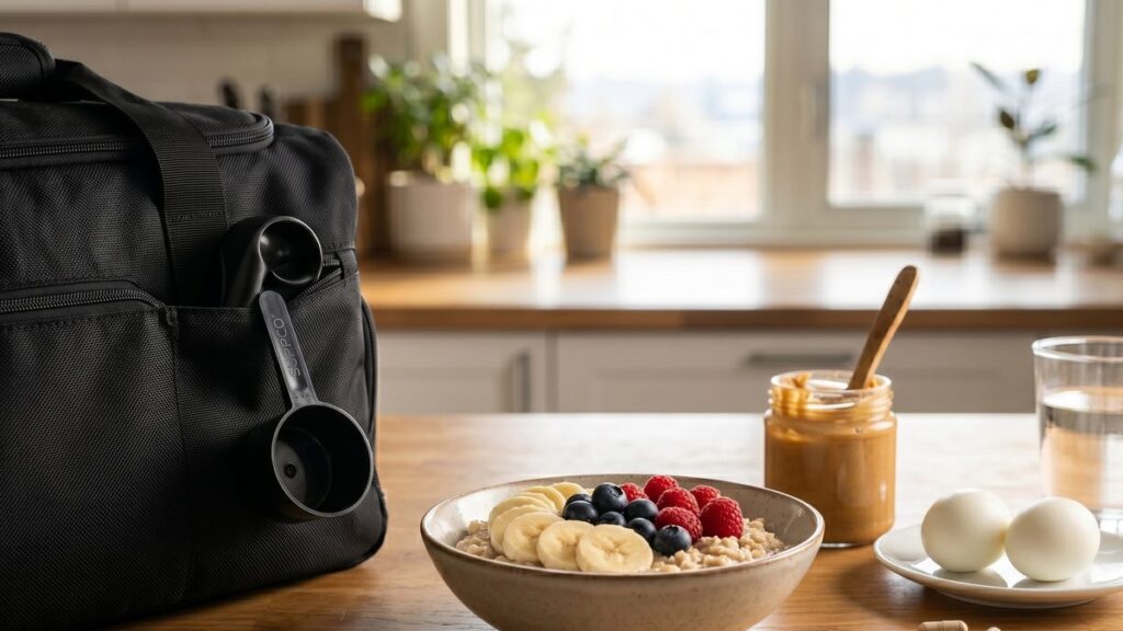 Pre-workout meal of oatmeal, banana, eggs, and water on a wooden counter before training.