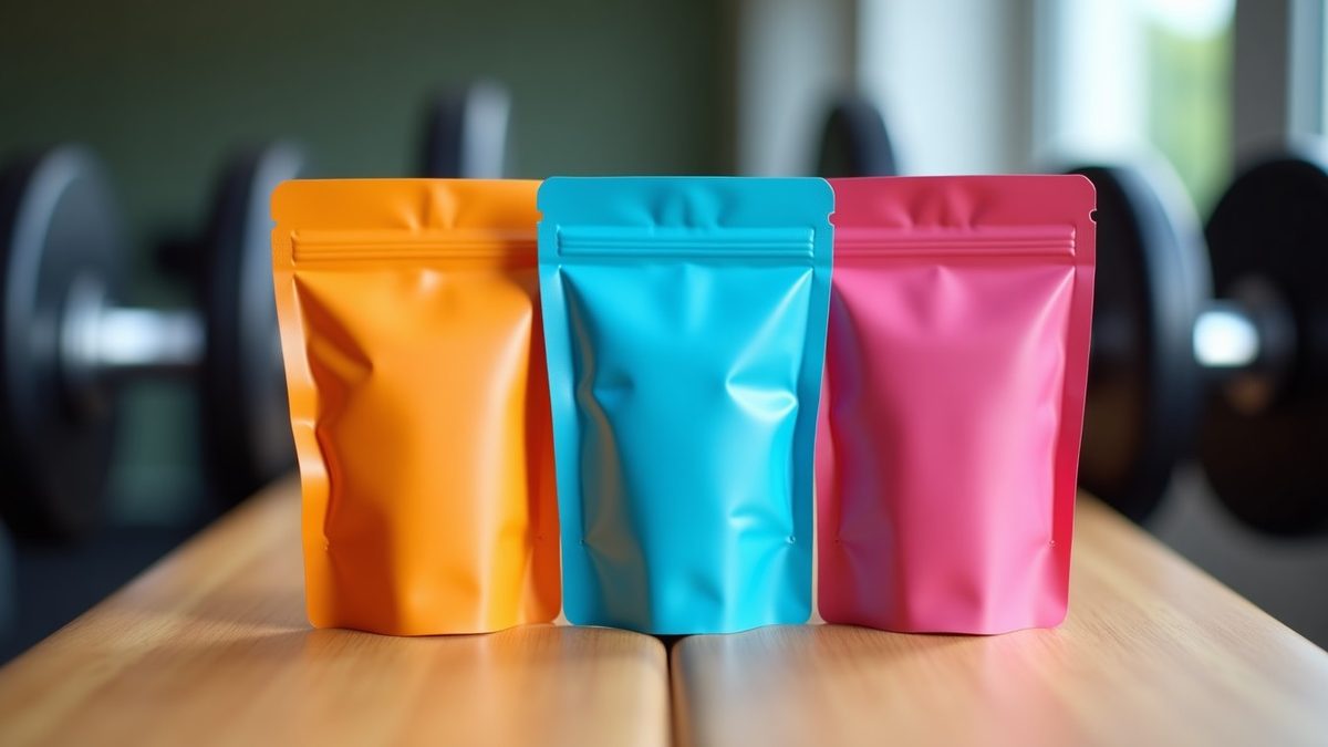 Three colorful single-serving pre-workout sachets fanned out on a wooden gym bench with dumbbells in background
