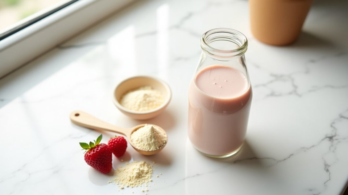 Frothy protein shake in a glass bottle next to an open scoop of pre-workout powder on white marble with berries