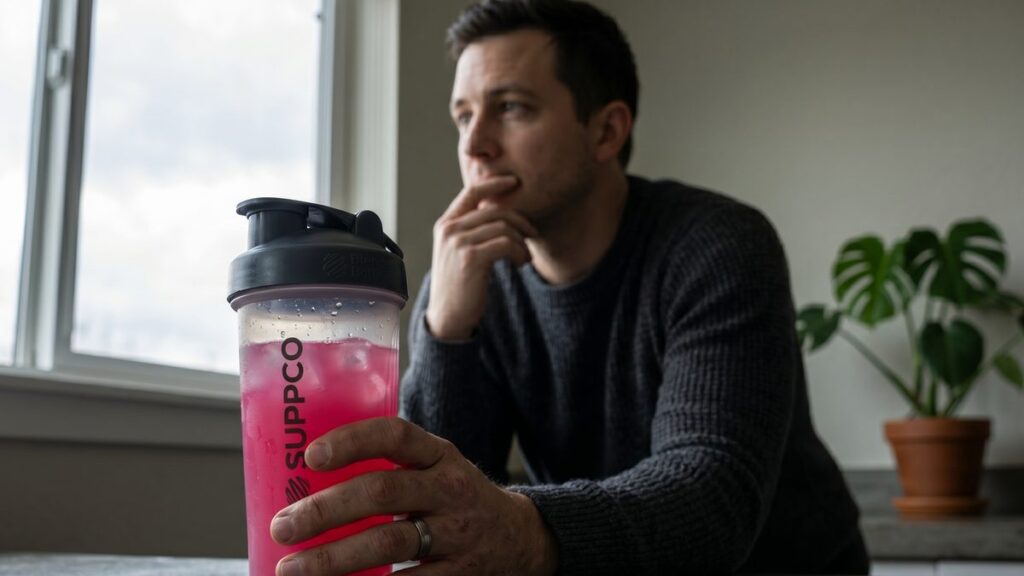 Person holding a shaker bottle of pre-workout, considering possible side effects.