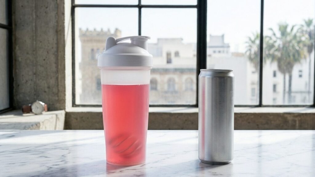 Pre-workout shaker bottle and energy drink can side by side — comparison.