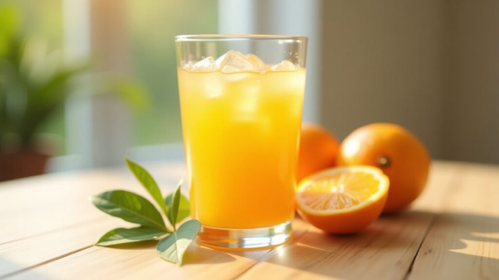 Fresh stevia leaves and halved monk fruit on wood next to a glass of pale orange pre-workout drink