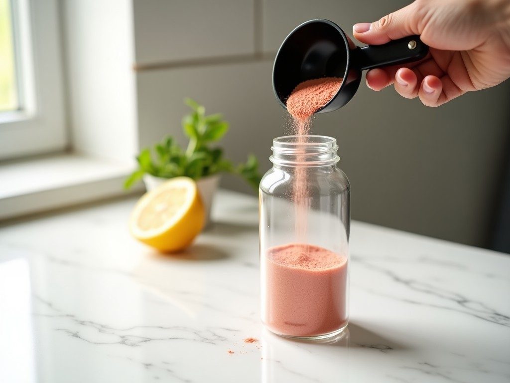 Hand pouring pre-workout powder from a scoop into a clear shaker on a white kitchen counter