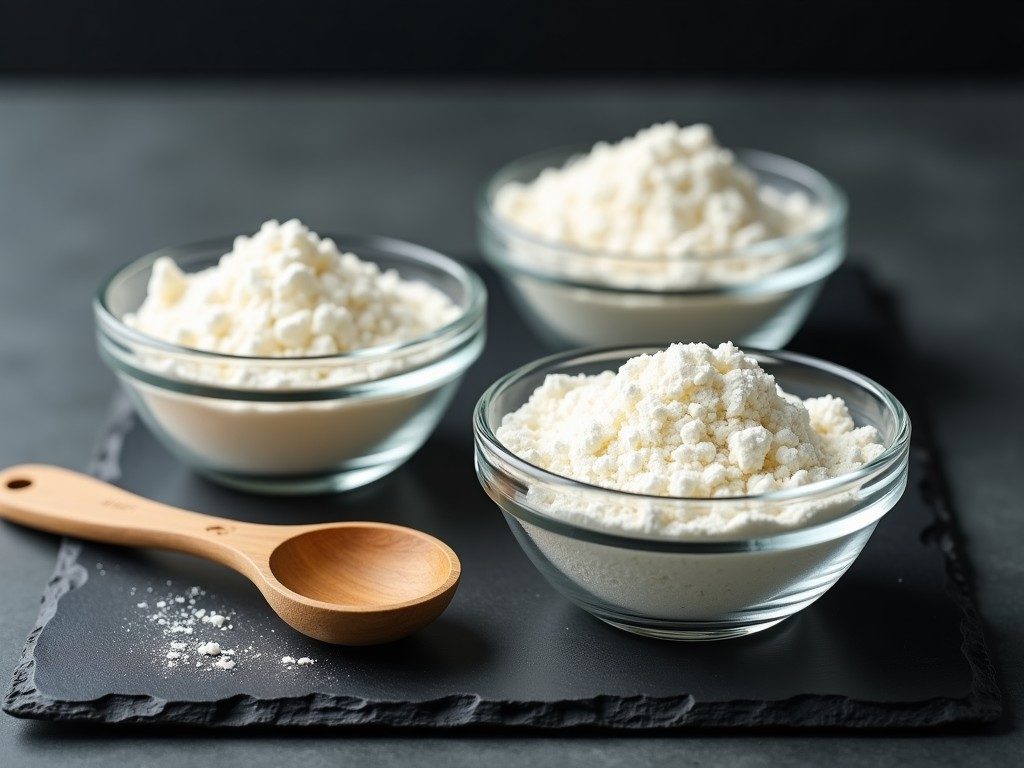 Bulk pre-workout ingredients in glass bowls including citrulline powder, beta-alanine, caffeine pills and creatine