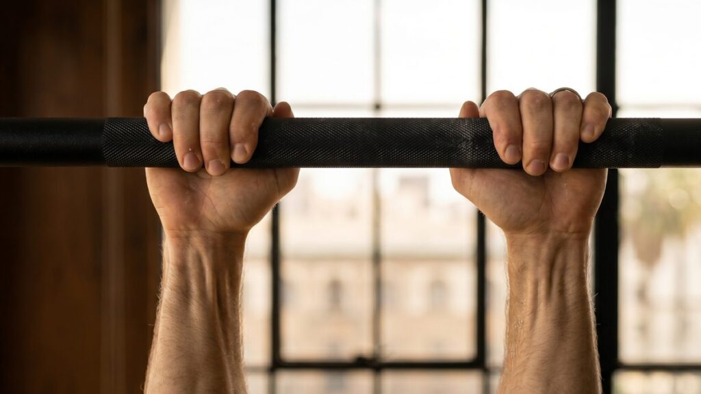 Close-up of athletic hands gripping a pull-up bar in a wide overhand grip.