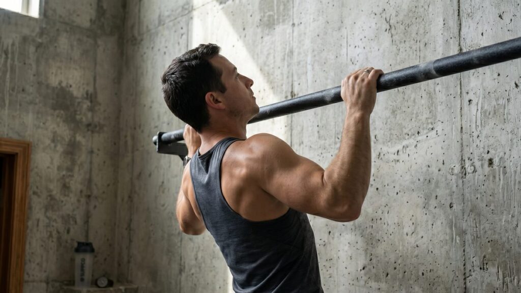 Athlete mid pull-up at the bar, demonstrating one of 18 pull-up variations.