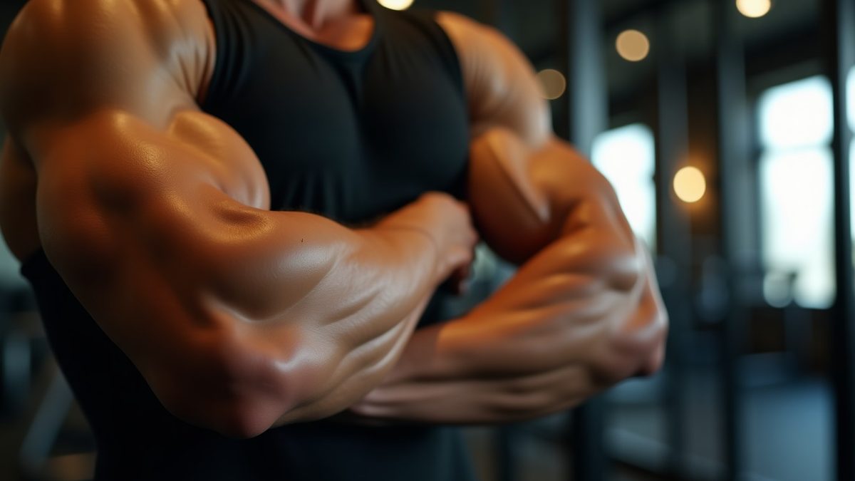 Pumped male forearm and bicep with visible vascularity from training with a stim-free pump supplement