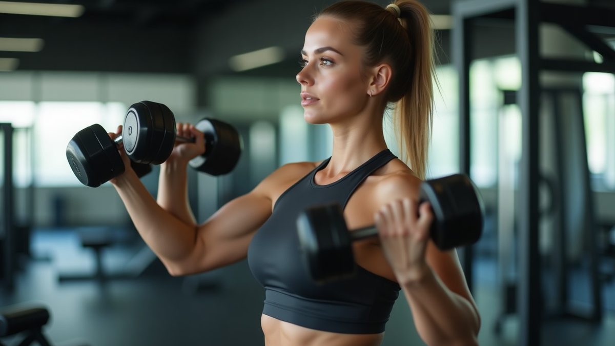Female athlete mid lateral raise with light dumbbells in a modern gym, training in the pump-optimal rep range