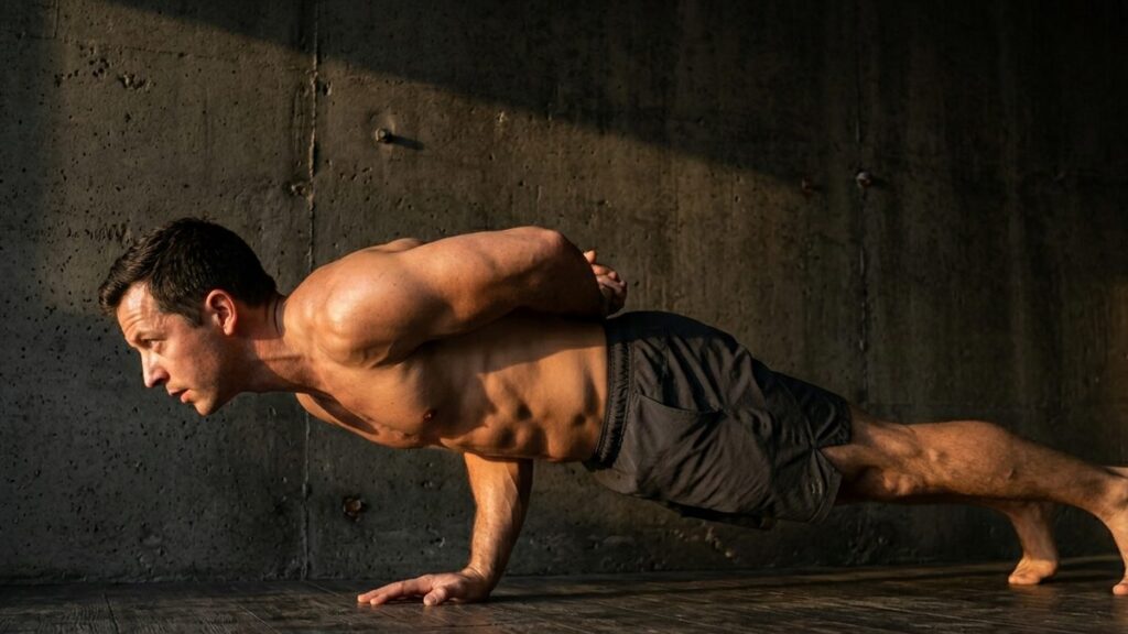 Calisthenics athlete holding the bottom of a one-arm push-up — advanced progression.