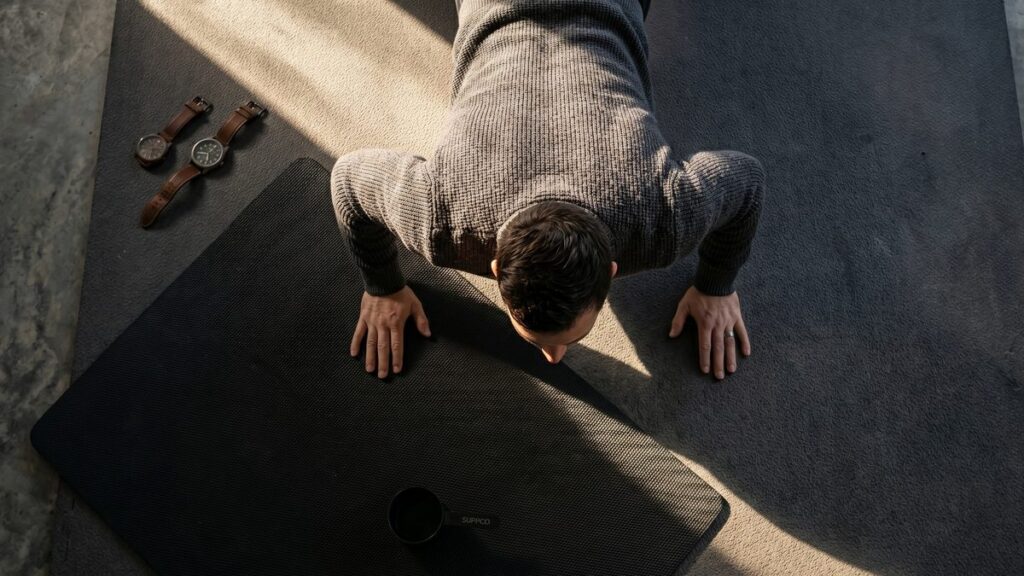 Athlete performing a push-up shown from overhead, illustrating push-up variations.