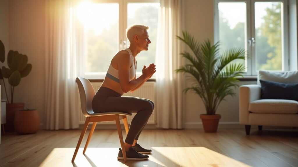Silver-haired senior in athletic wear performing a chair-supported squat in a sunlit living room
