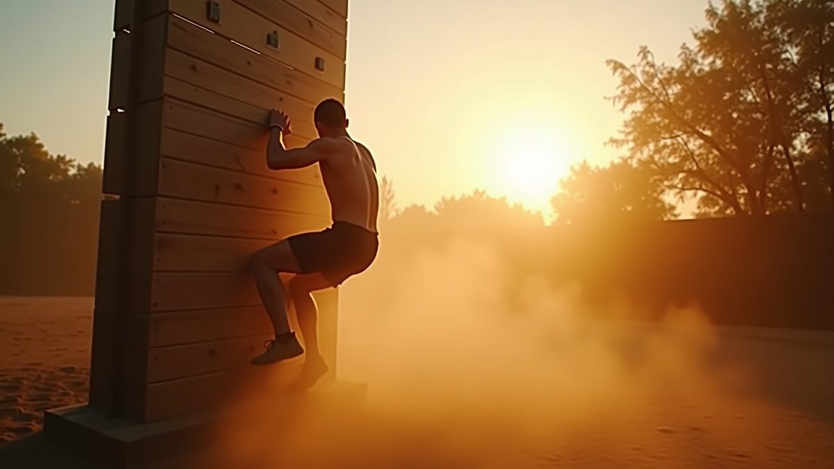 Tactical athlete carrying a sandbag across a rocky outdoor course at dusk under stormy sky