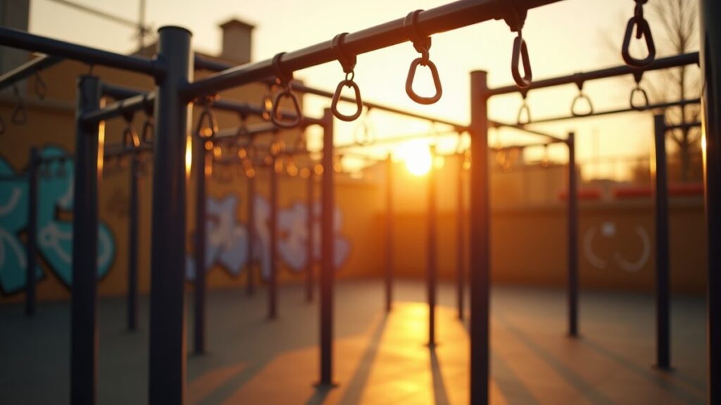 Outdoor calisthenics park at golden hour with steel pull-up bars and parallel bars in foreground
