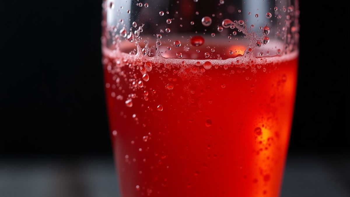 Macro close-up of a glass with vivid red thermogenic pre-workout drink with condensation and fiery glow