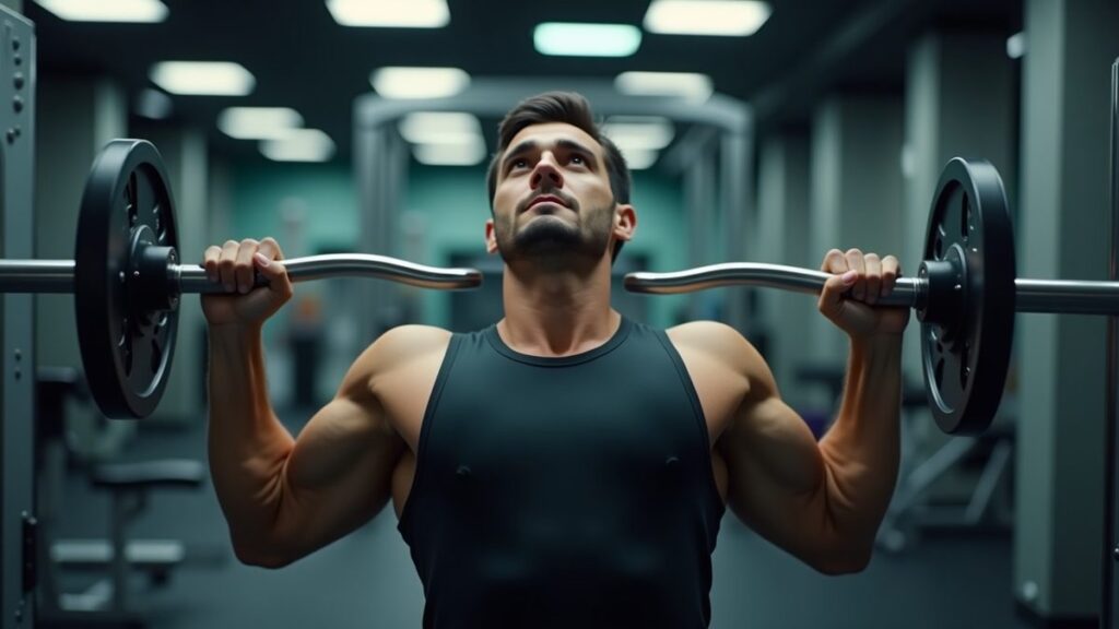 Male lifter performing a controlled chest press on a fixed-path gym machine in a commercial gym