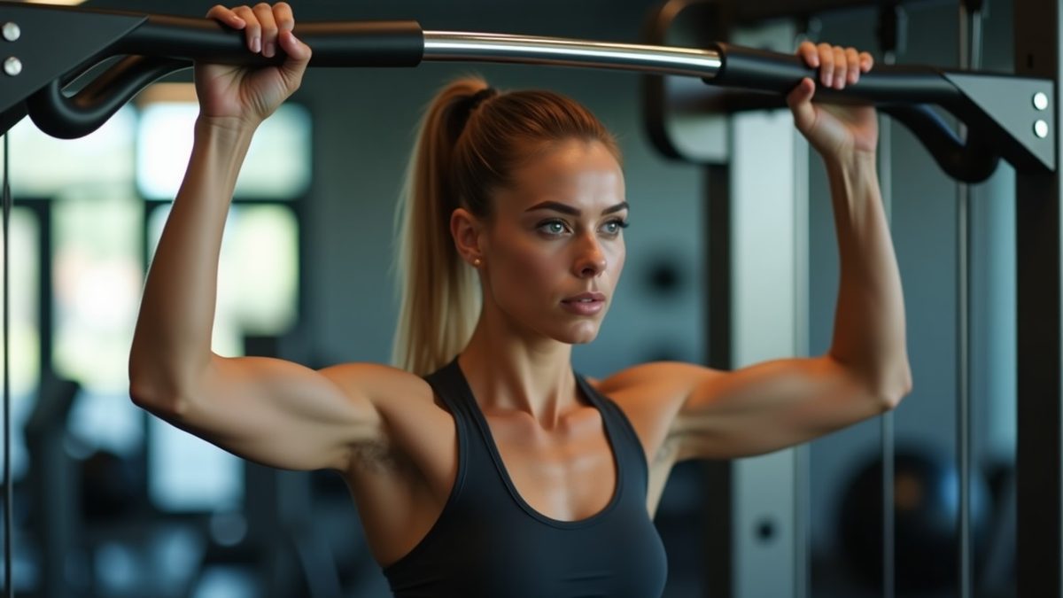 Female athlete performing a lat pulldown with controlled form and slight backward lean