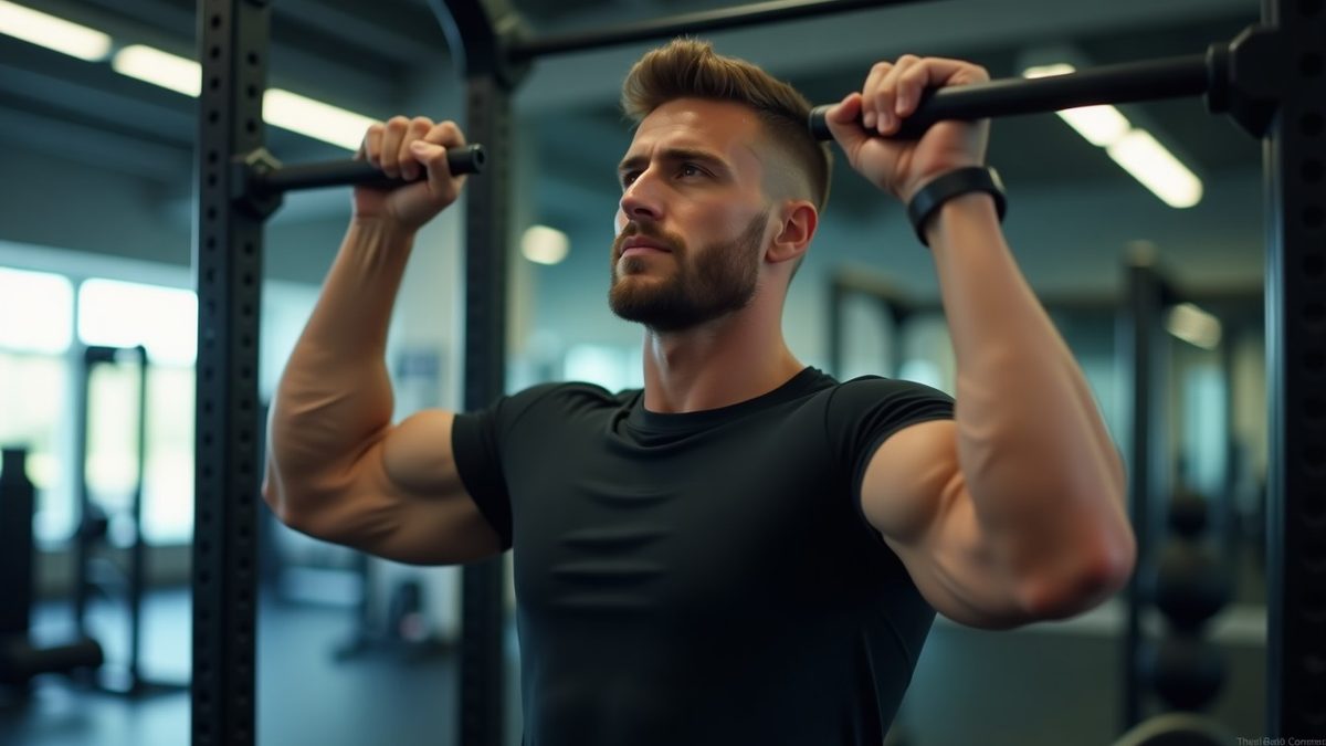 Male lifter performing a cable bicep curl with elbows pinned to sides and controlled form