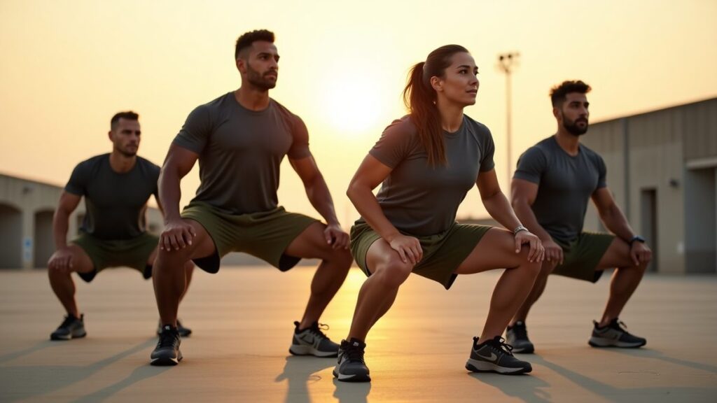 Group of diverse athletes performing synchronized bodyweight squats in formation on a concrete training pad at dawn