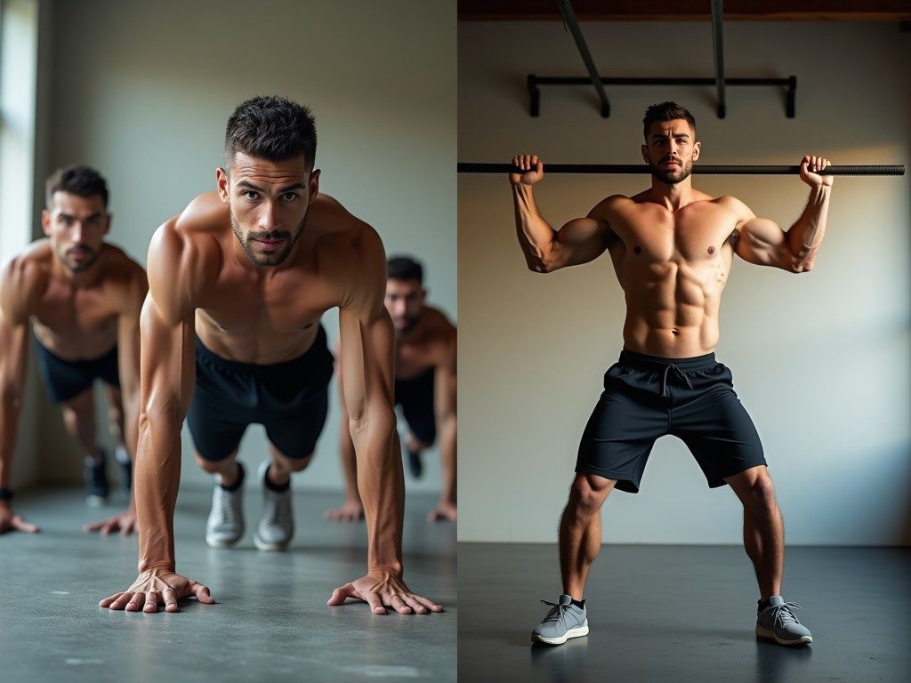 Side-by-side composition contrasting high-volume military circuit training with a single skill-focused calisthenics hold