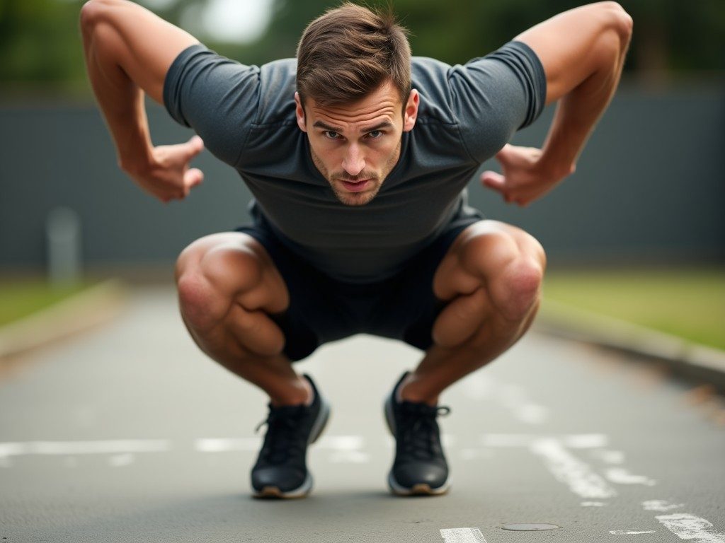 Male athlete mid burpee in the explosive jump phase demonstrating one of the 8 core military calisthenics exercises