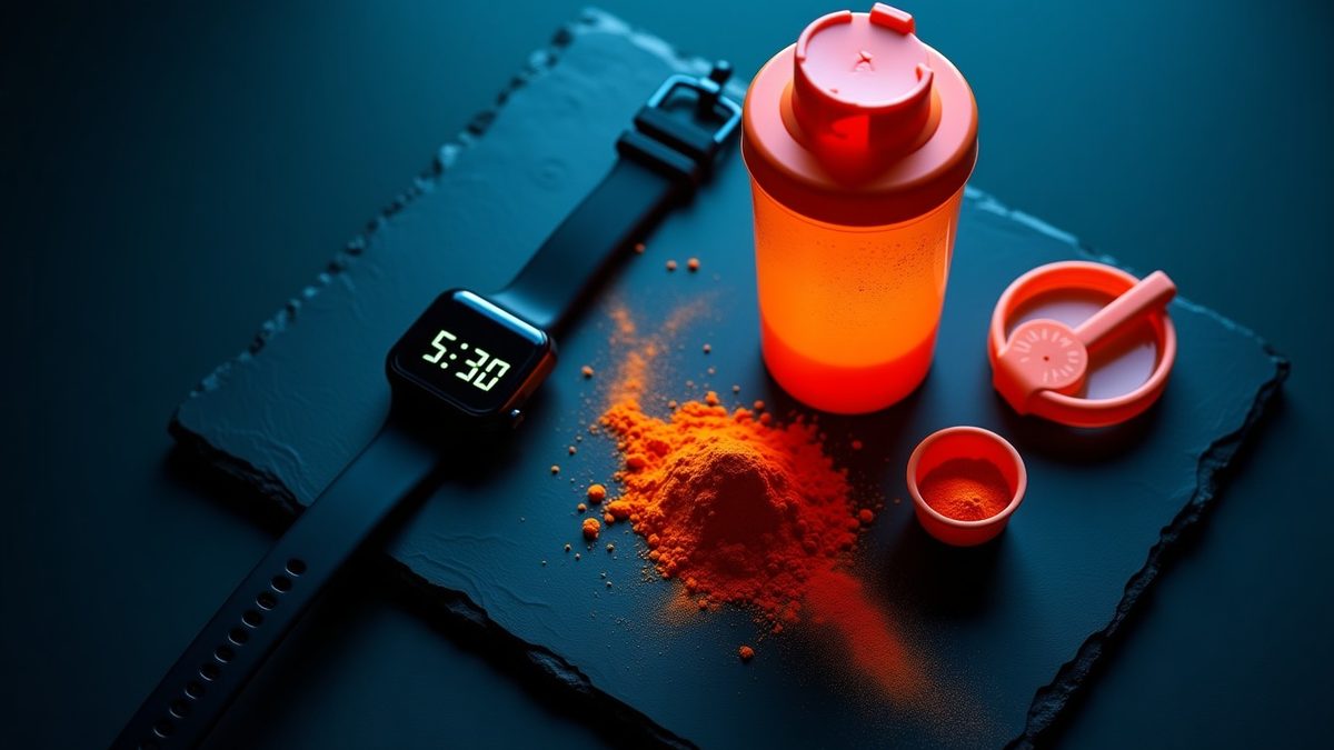 Digital wristwatch and shaker bottle of orange pre-workout liquid on dark slate with moody side lighting