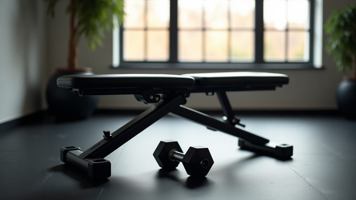 Adjustable workout bench with a pair of hex dumbbells in a clean minimalist home gym setup