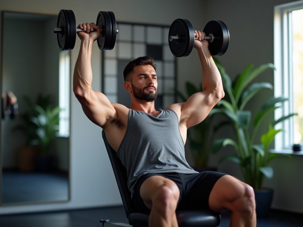 Athlete performing a dumbbell bench press lying on a flat workout bench with proper form