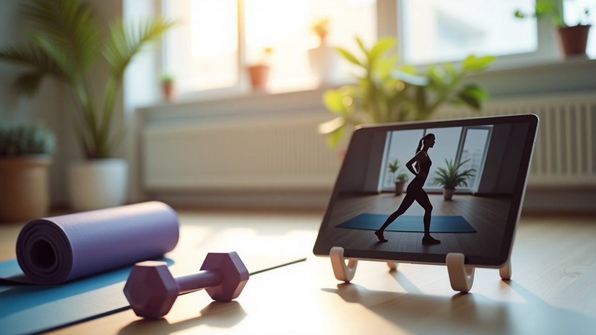 Bright modern living room with a yoga mat, tablet on a stand, dumbbells and resistance bands in soft morning light