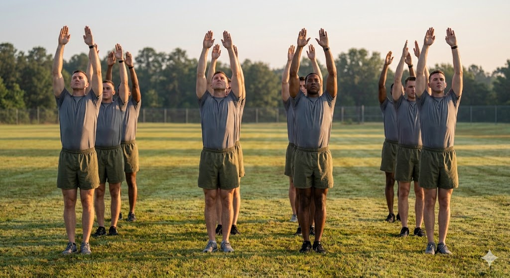 Soldiers performing the Army PRT Preparation Drill in formation under FM 7-22