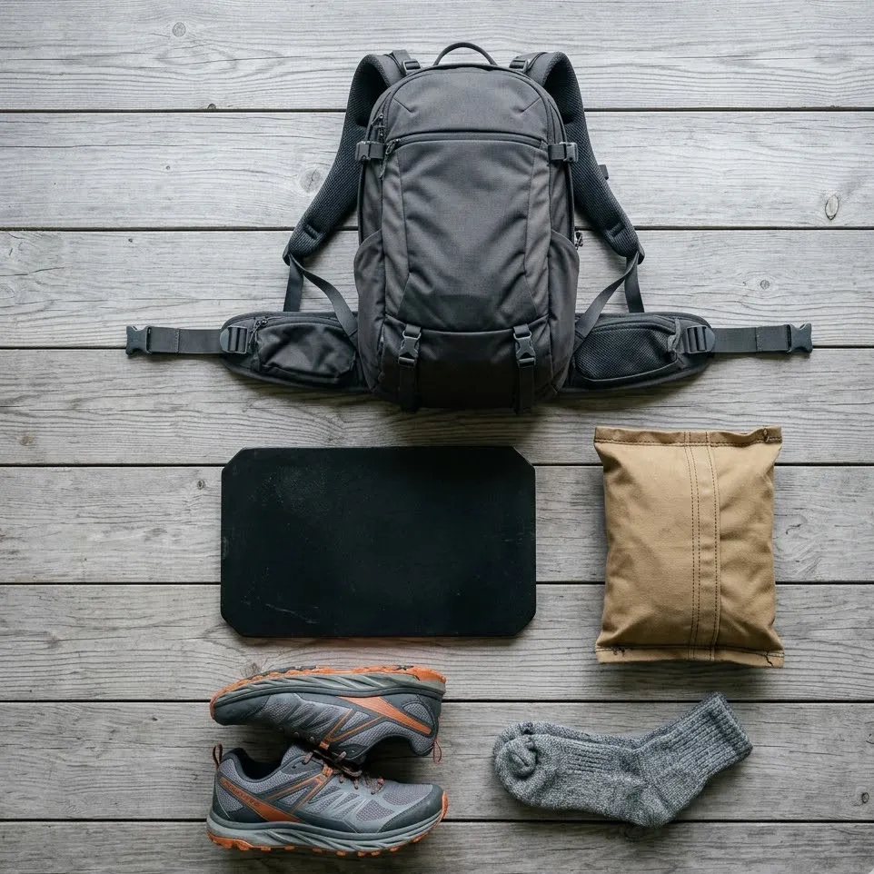 Rucking gear for beginners laid out flat: hiking daypack, 20 lb ruck plate, sandbag, and trail running shoes
