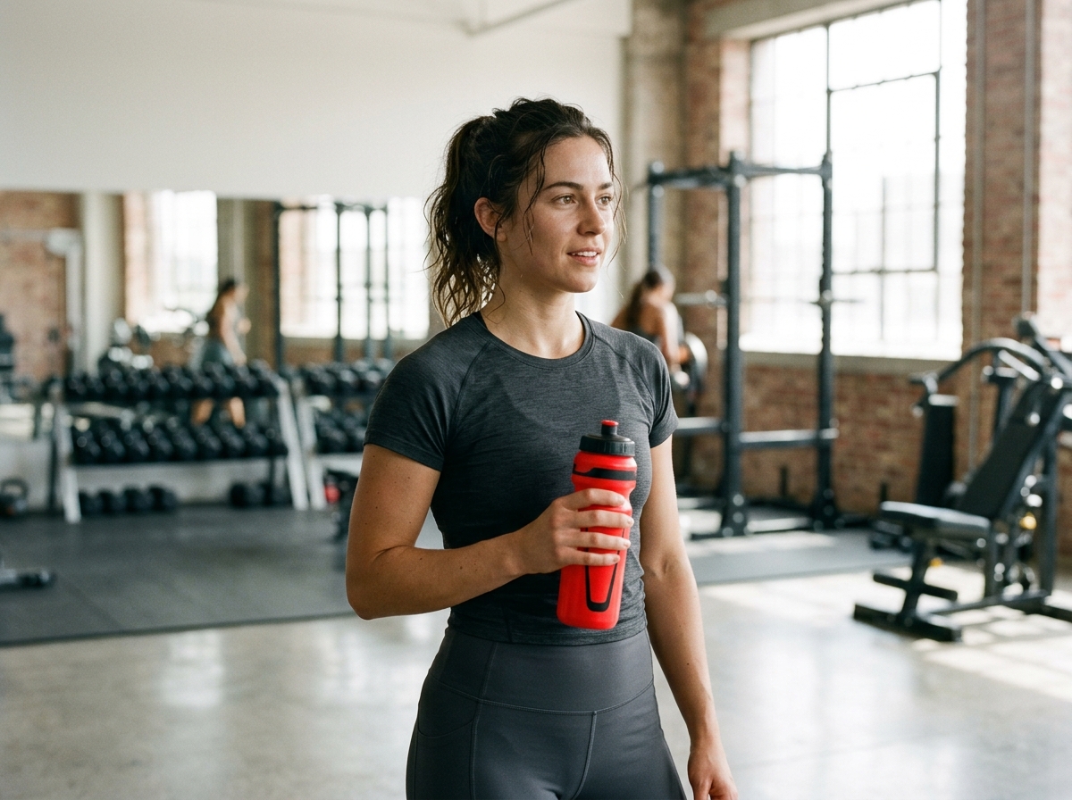 Woman holding a moderate-stim thermogenic pre-workout shaker before training in a gym