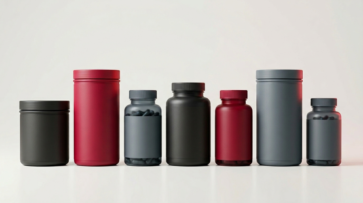 Lineup of the seven best thermogenic pre-workouts of 2026 in unbranded tubs and bottles