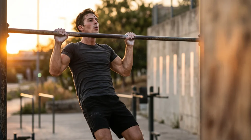 Athlete performing a pull-up on an outdoor calisthenics bar at golden hour — daily calisthenics training plan