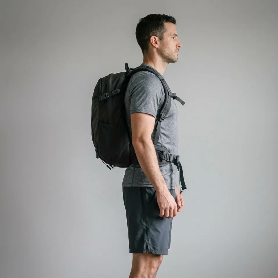 Correct ruck pack fit: weight riding high against the spine with hip belt and sternum strap fastened