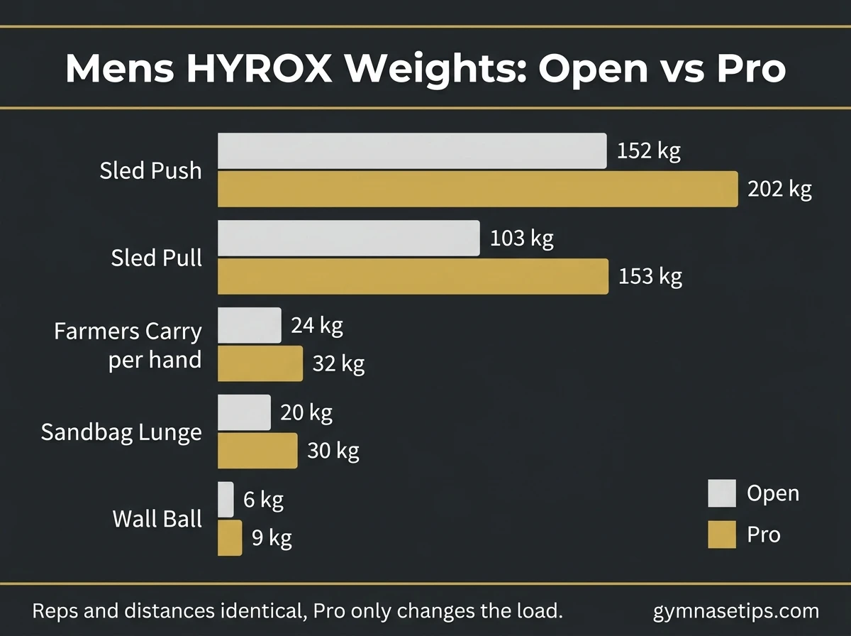 HYROX men's Open vs Pro weight comparison chart for sled push, sled pull, farmers carry, sandbag lunge and wall ball