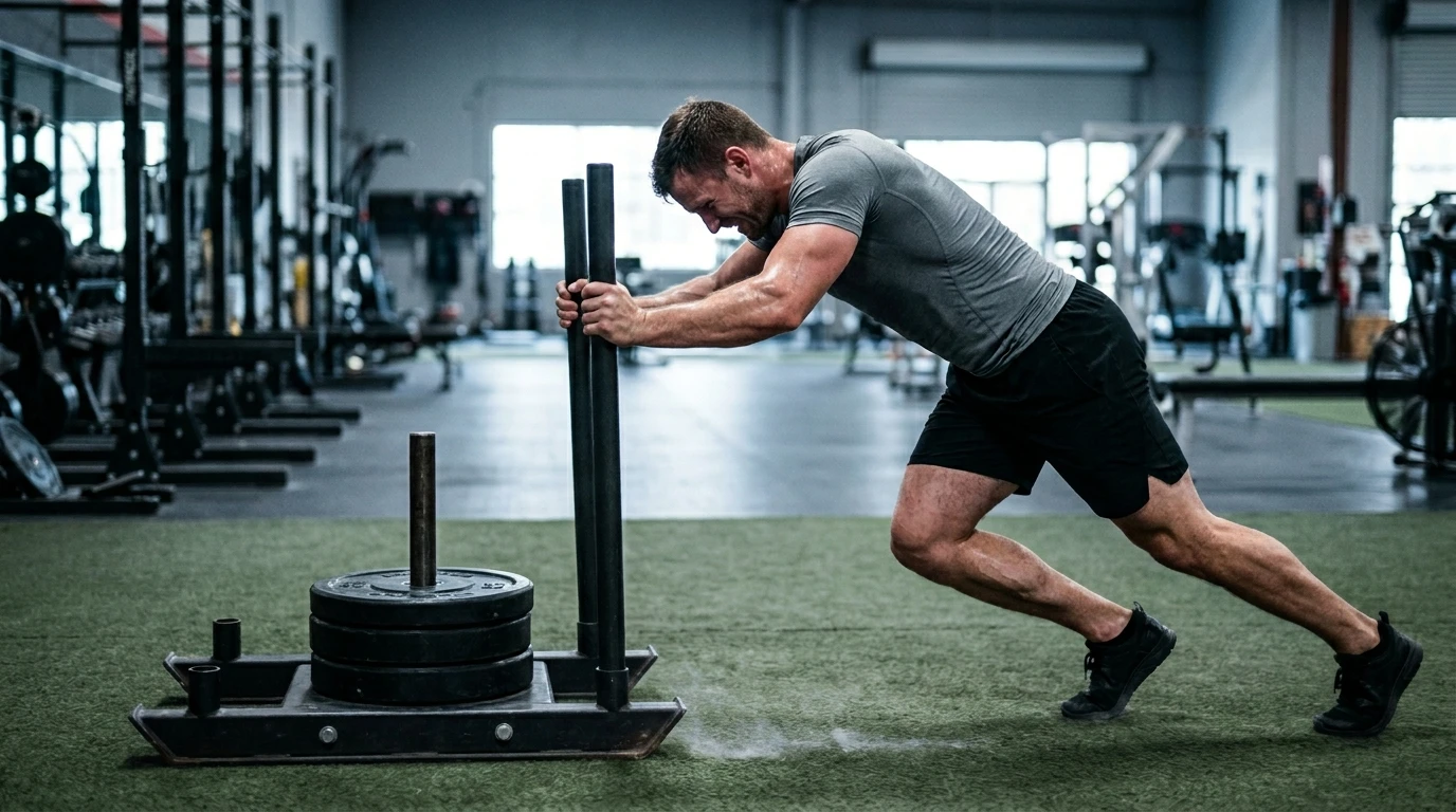 Man performing the 152 kg HYROX sled push over 50 m on the carpeted competition surface