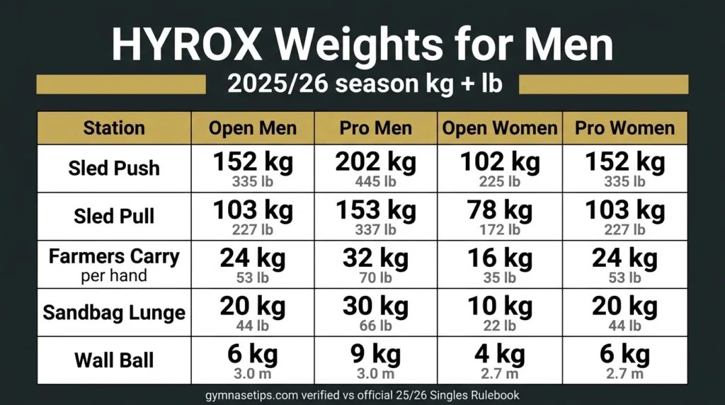 HYROX weights for men 2025/26 chart infographic showing sled push, sled pull, farmers carry, sandbag lunge and wall ball loads in kg and lb