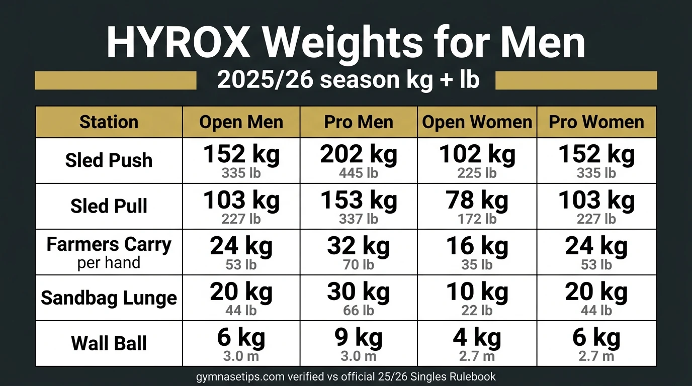 HYROX weights for men 2025/26 chart infographic showing sled push, sled pull, farmers carry, sandbag lunge and wall ball loads in kg and lb