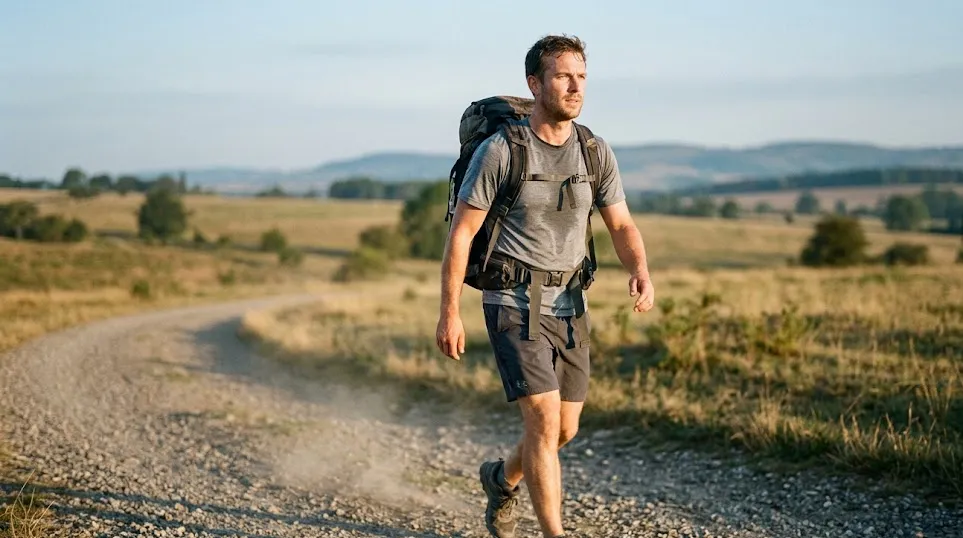 Beginner rucking on a gravel trail road with a weighted backpack, upright posture and hip belt loaded