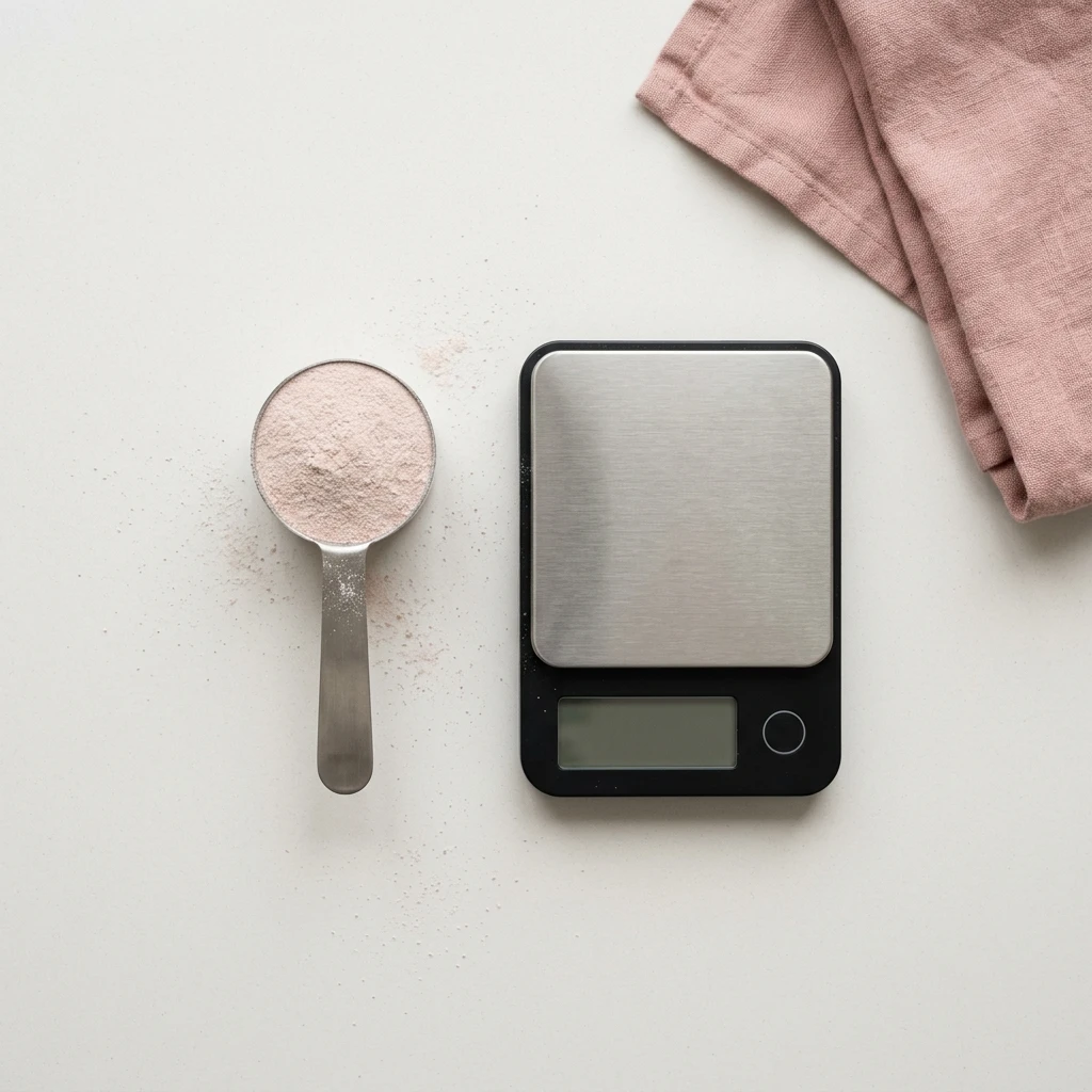 Flat-lay of a level scoop of pre-workout powder next to a digital kitchen scale, measuring a caffeine dose by bodyweight