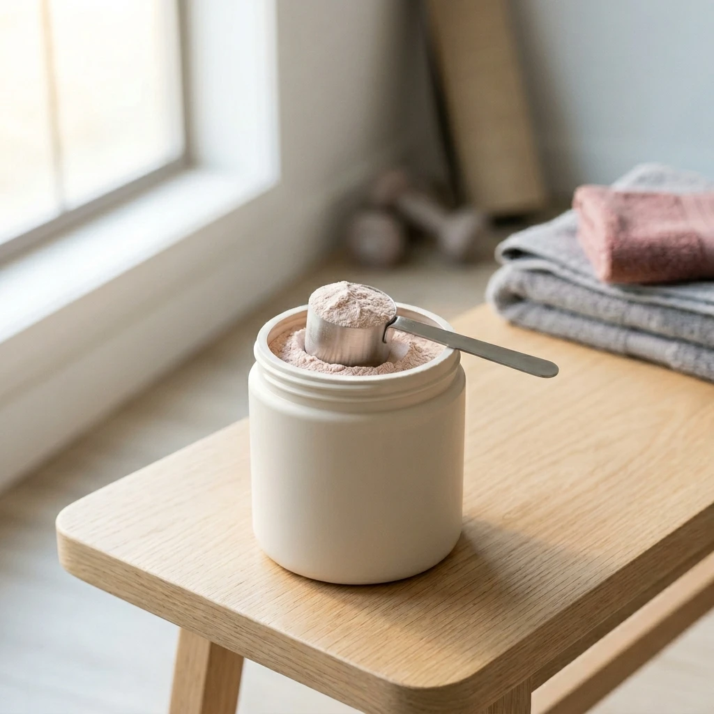 Single unbranded pre-workout tub with a scoop of powder in calm morning light, the overall no-jitters top pick for women