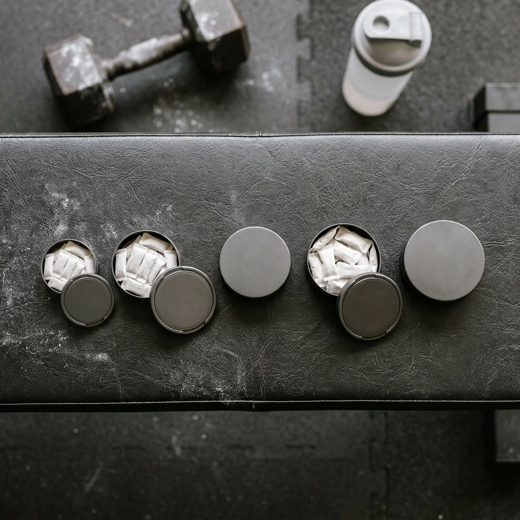 Five caffeine pre-workout pouches lined up by strength on a gym bench